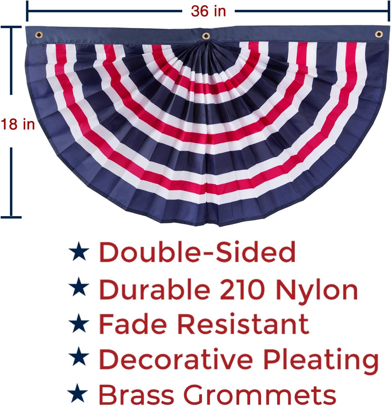 (2 Pack) 36”x18” Striped Red, White and Blue Patriotic Nylon Pleated Bunting Flag Decor w/Grommets- July 4th American Flag Outdoor Use- Americana Inside Outside Porch, Rail, Window Decoration (3x1.5)
