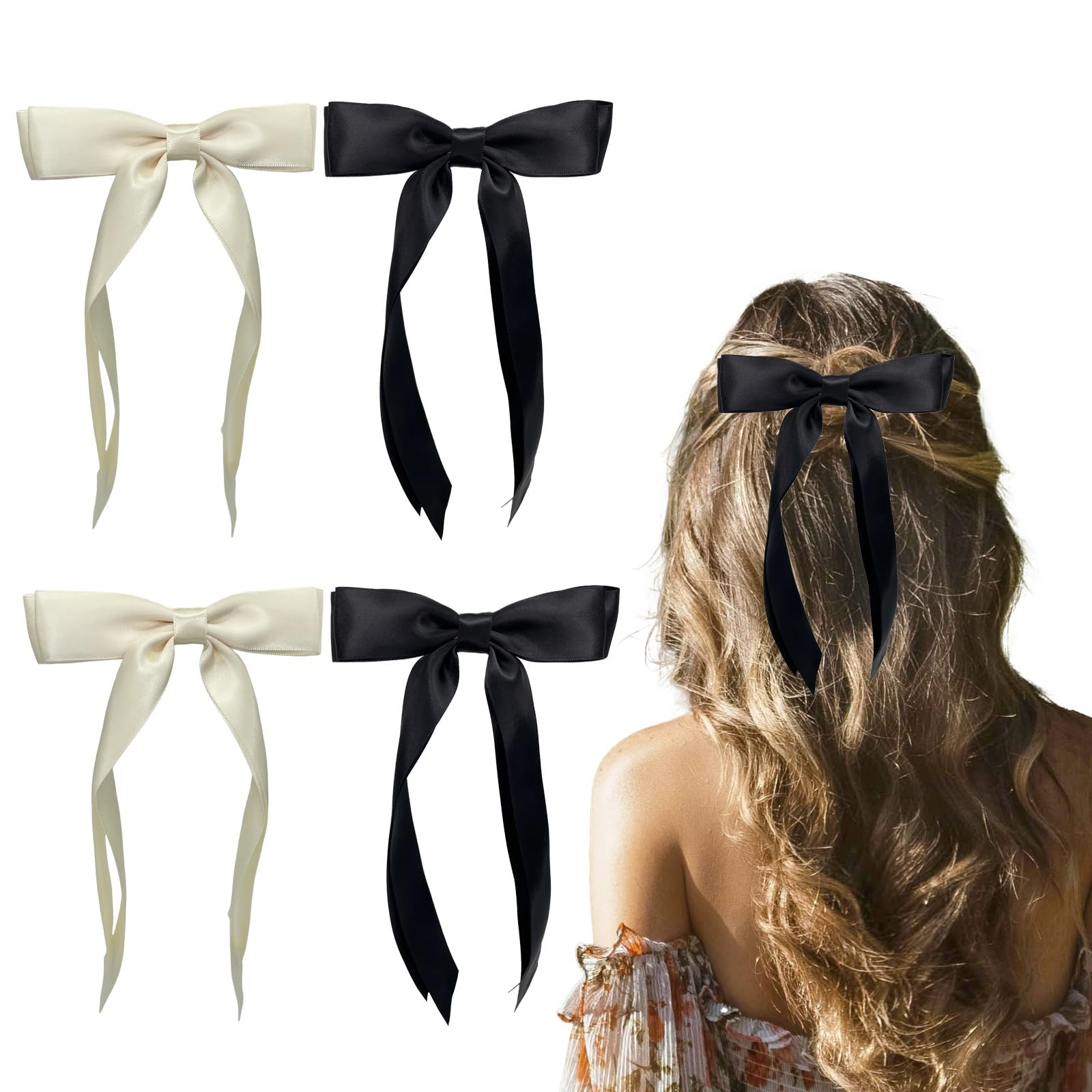 LSDWL 4Pcs Hair Bows for Women Girls,Silky Satin Bow Hair Clips,Simple & Fashion Accessories (Beige Black)