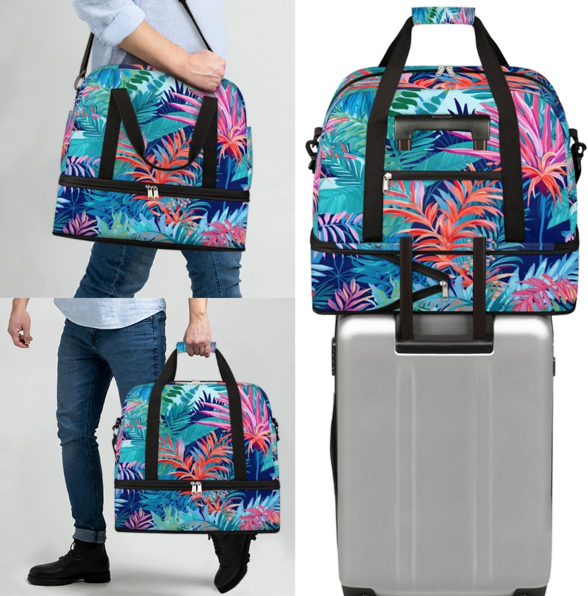 QsirBC Leaves Pattern Design Gym Bag for Women Duffle Tote with Shoes Compartment Men Weekender Duffel for Dance Travel Sports Swimming Overnight
