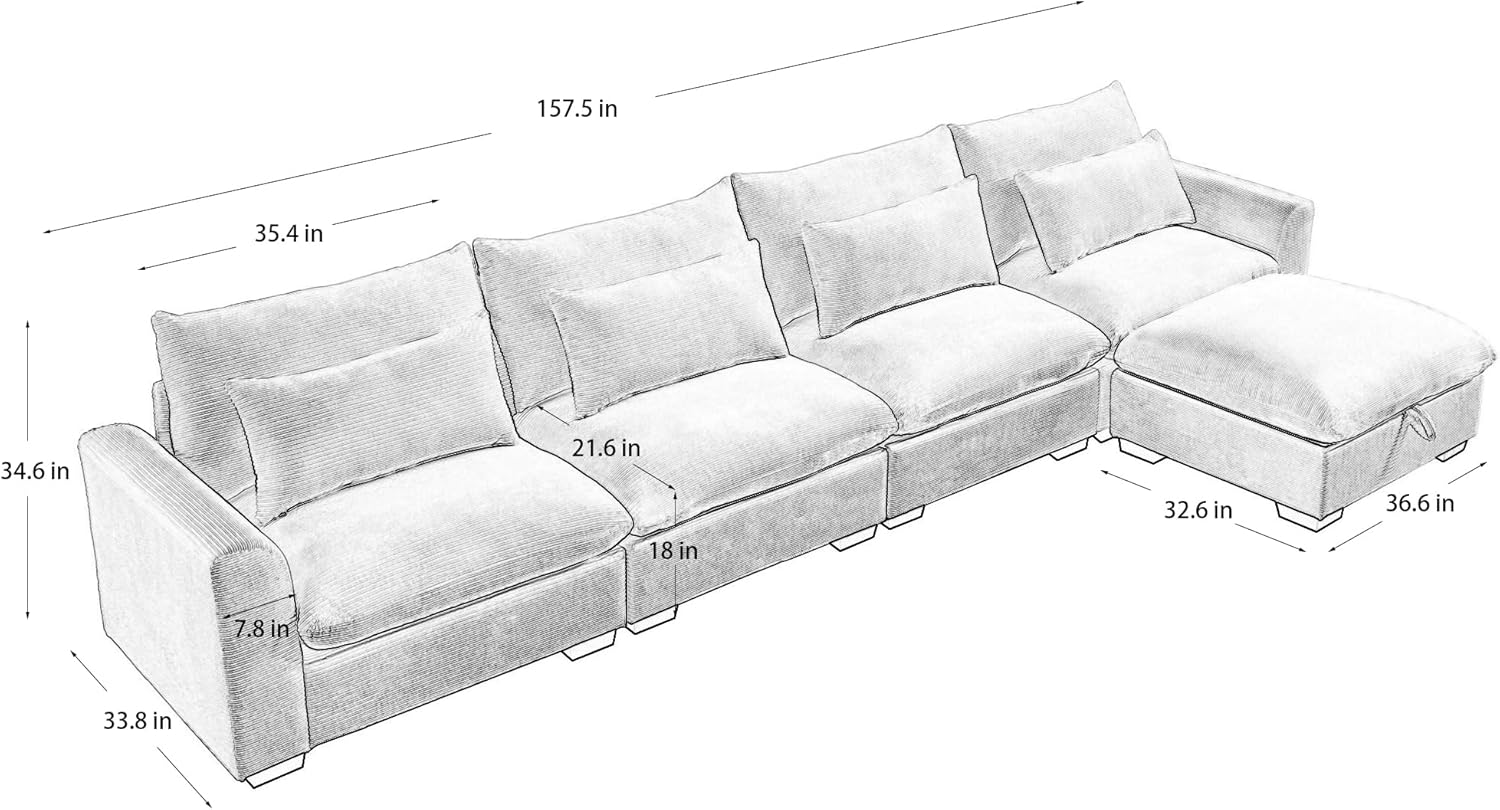 157.5" Corduroy L-Shape Rectangular Sectional Sofa Couch with Ottoman, Upholstered 4-Seat Luxury Cloud Couch Set for Living Room, Brown