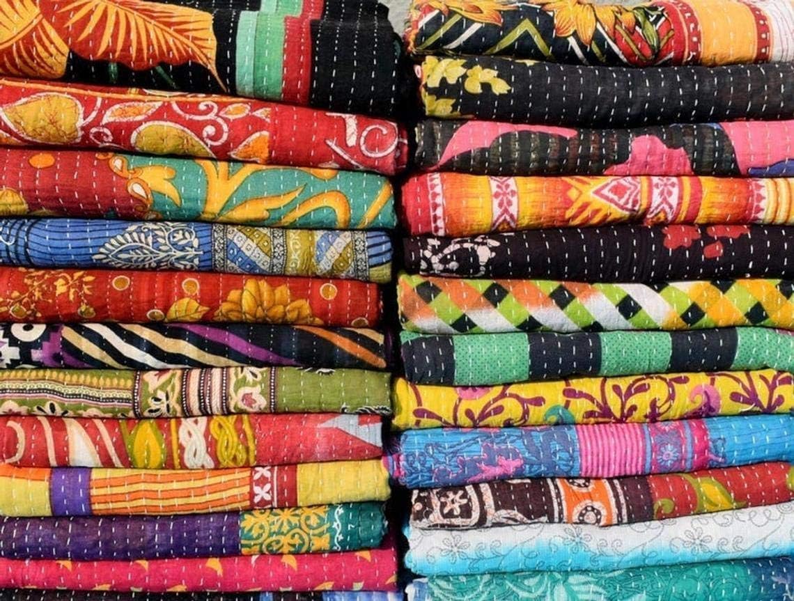 DIYANA IMPEX Wholesale Mix lot Tribal Kantha Quilts Reversible Vintage Cotton Bedspread Sari Throw Old Assorted Patches Bed Cover Rally (1 Pc)