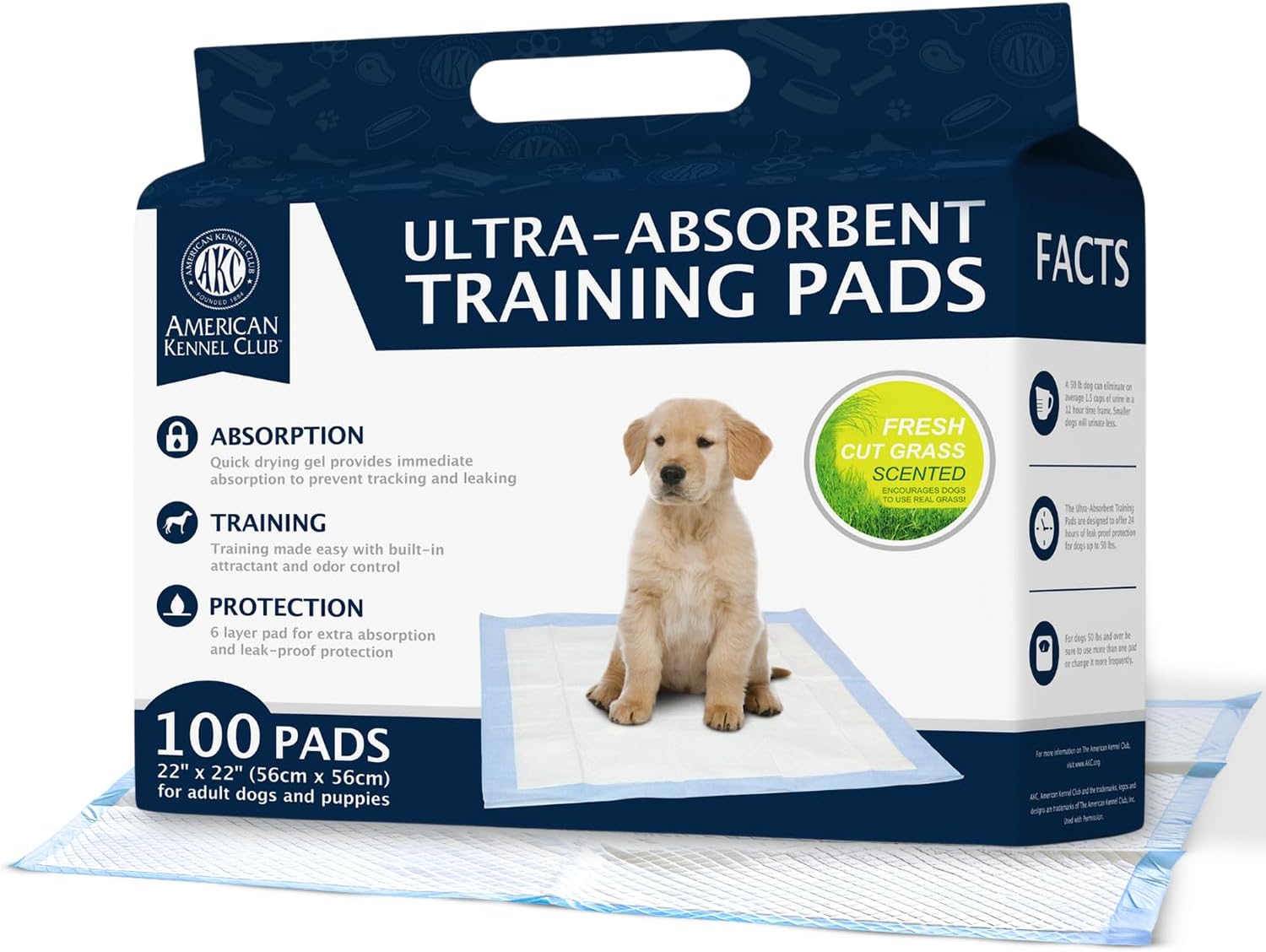 American Kennel Club Scented Puppy Training Pads with Ultra Absorbent Quick Dry Gel – 22 x 22 Pee Pads for Dogs - Grass Scented - 100 Count