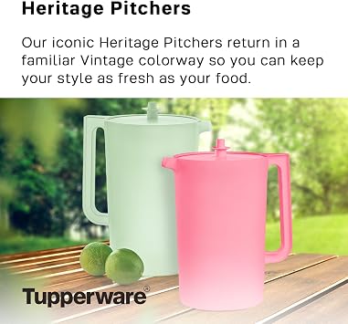 Tupperware Heritage Pink Pitcher (1 Pitcher + 1 Lid) - 1 Gallon | Plastic Pitcher with Lid, BPA Free Materials, Dishwasher-Safe, Push-Button Lid, Ergonomic Handle for Comfort