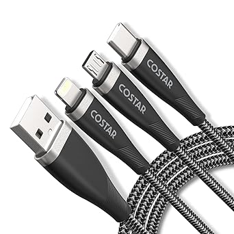 COSTAR 3 in 1 Multi Fast Charging Cable - 3A Nylon Braided Cable with iPhone, iPad, Samsung Galaxy, OnePlus, Mi, Oppo, Vivo, iQOO, Xiaomi, Car, Lightning, Micro USB, Type C Devices (1.3M Black)