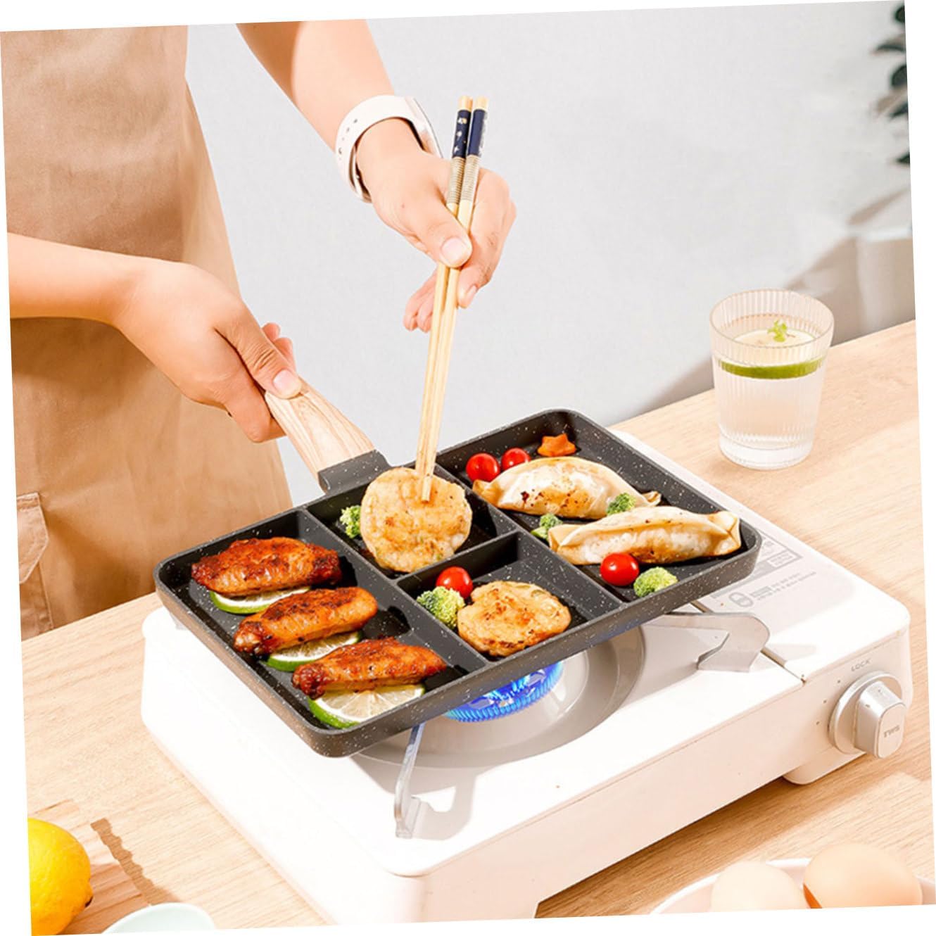 Nonstick Divided Grill Pan Anti-Scalding Handle, 4 Section Breakfast Pan for Eggs and Steak
