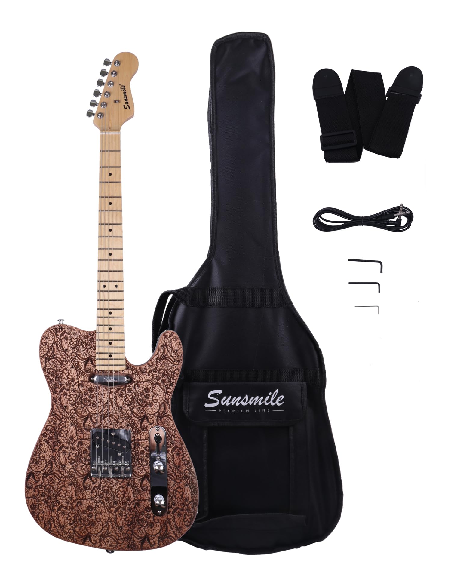 Electric Guitar Full Size with Engraved Surface Mahogany Body Hard Maple Neck Fingerboard Poplar Laminated Strip on the Back Bolt-on Construction Chrome Hardware with Gig Bag, Cable and Strap