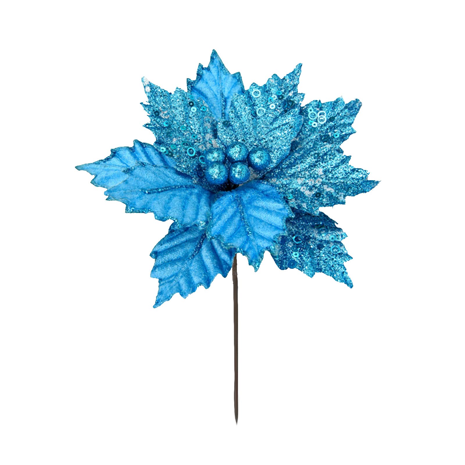 Siyano Blue Christmas Poinsettia Flowers 1Pcs Glitter Poinsettia Christmas Tree Ornaments Artificial Flowers Flower Sticks, Floral Stems, Picks, Branches,For Holiday, Party, Wedding, 22Cm