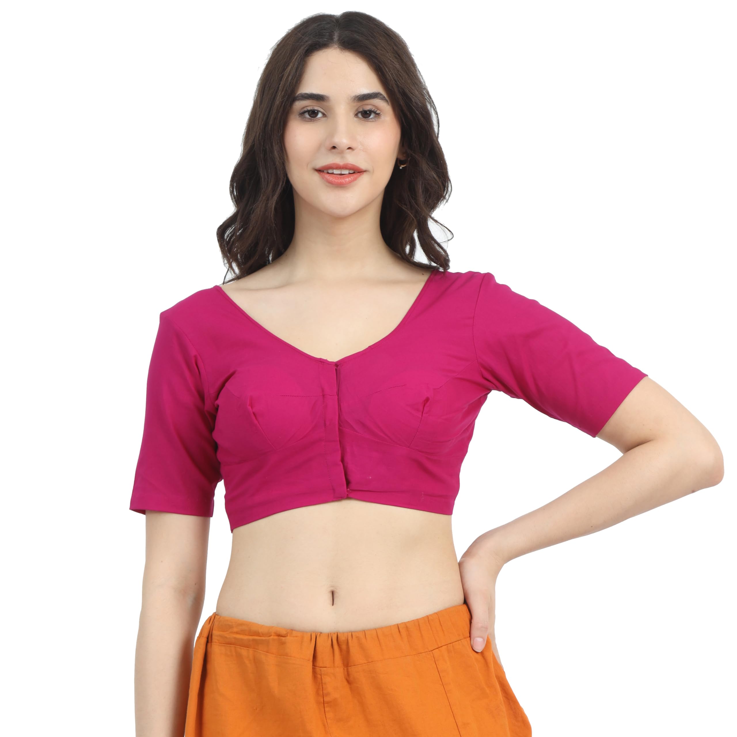 100% Cotton Saree Blouse (Bra Size Fitting) Front Open with Hook Half Sleeve Extra Stitch Margin Inside Seam Solid Colour 09 A Plum Size (36)-image-20