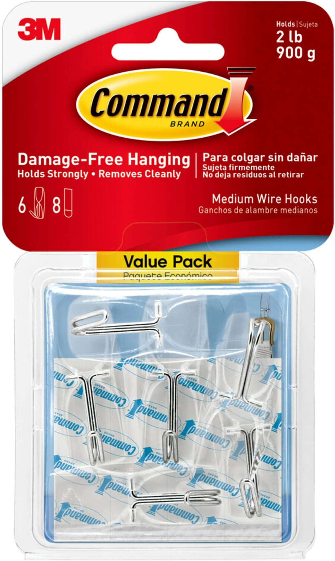 Command Wire Toggle Medium Hook, Pack of 6 Hooks and 8 Adhesive Strips, Transparent - Damage Free Hanging - Holds up to 900g