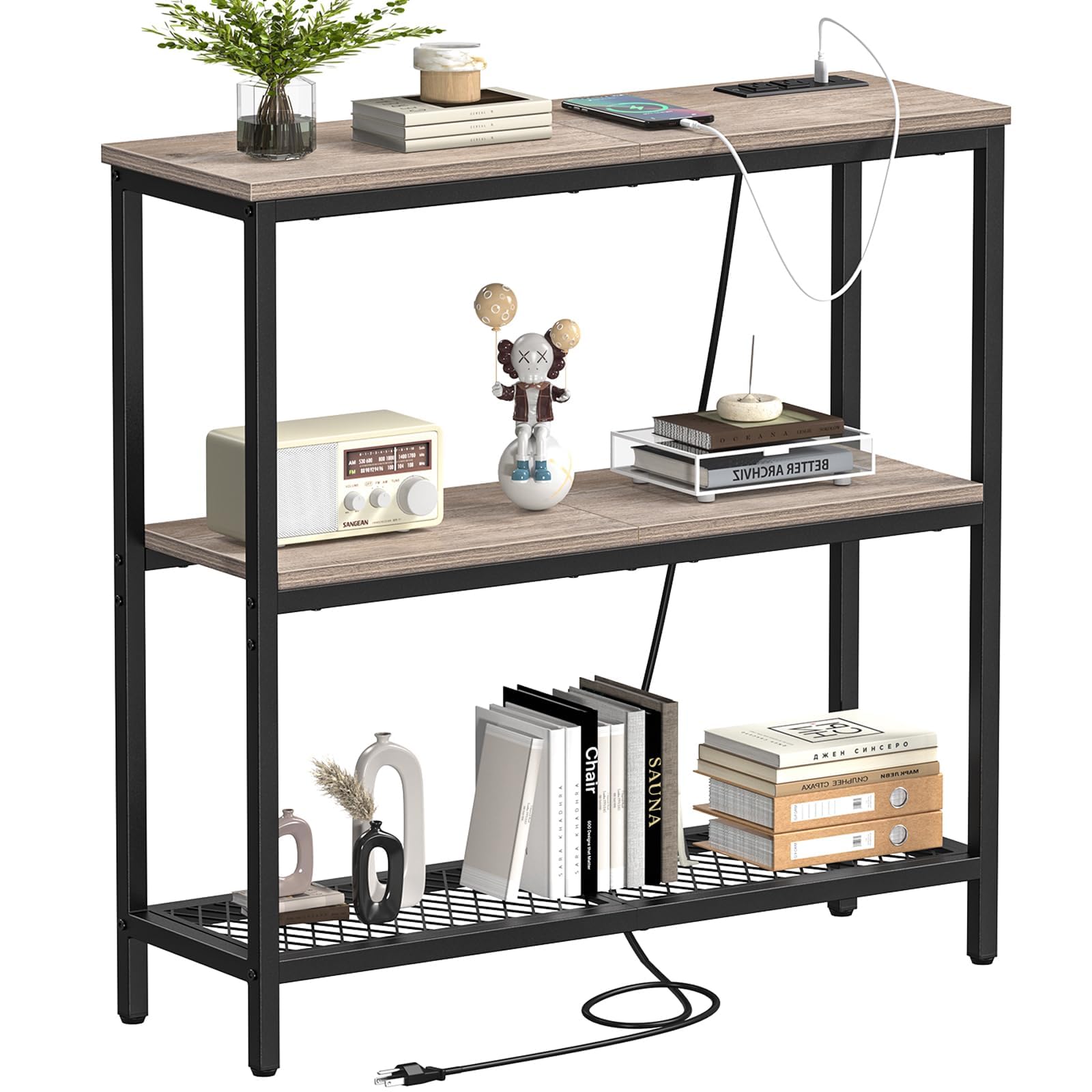 SnughomeConsole Table with Power Outlets, Entryway Table with Storage, Narrow Sofa Table with 3 Tier Shelves, Console Tables for Entryway, Hallway Table, Entry Table for Living Room, Foyer, Grey