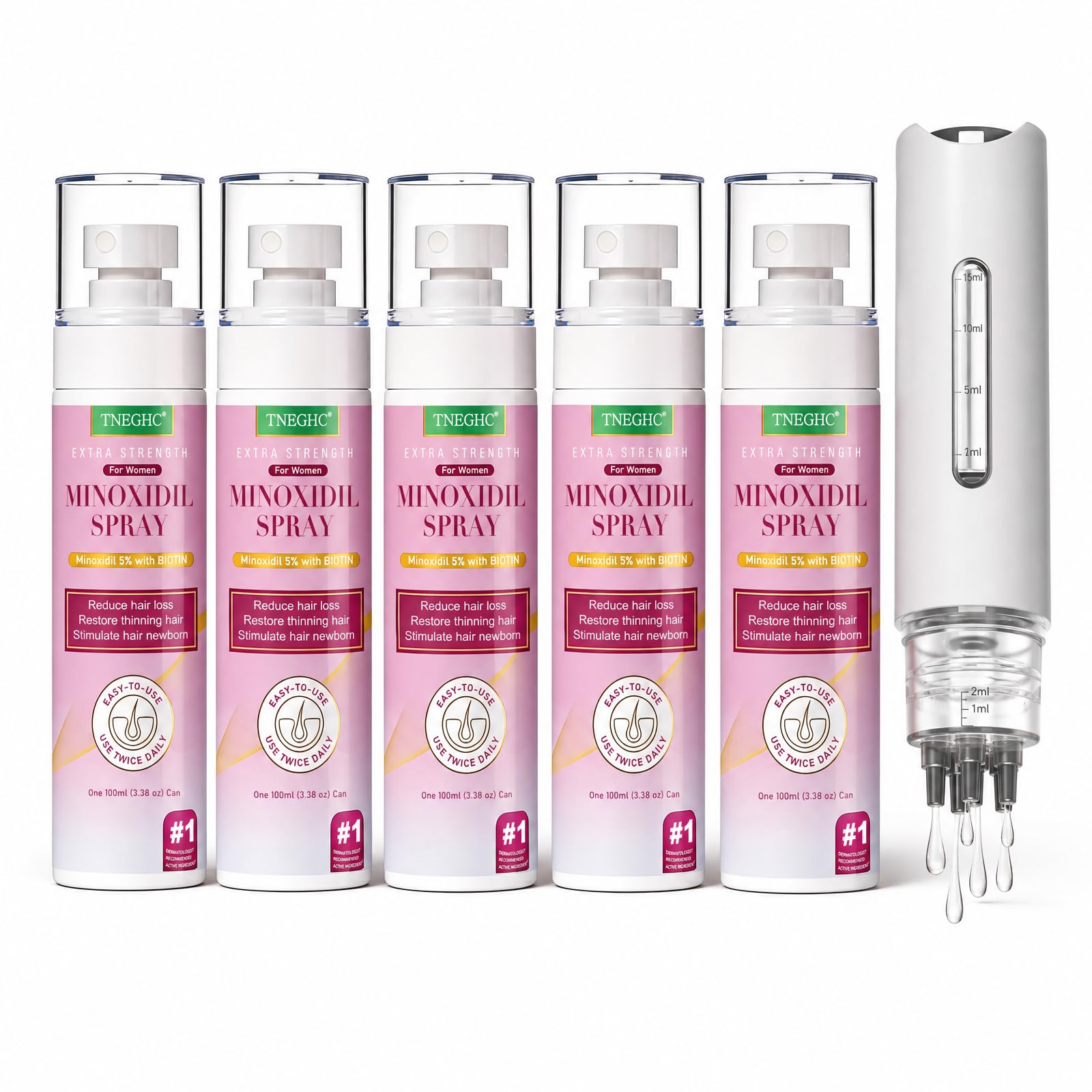 5% Minoxidil for Women Hair Growth Spray, Free Precision Applicator Included, Extra Strength Hair Regrowth Treatment with Biotin, Anti-Thinning Hair Loss Solution, 9-Month Supply (5 Bottles)