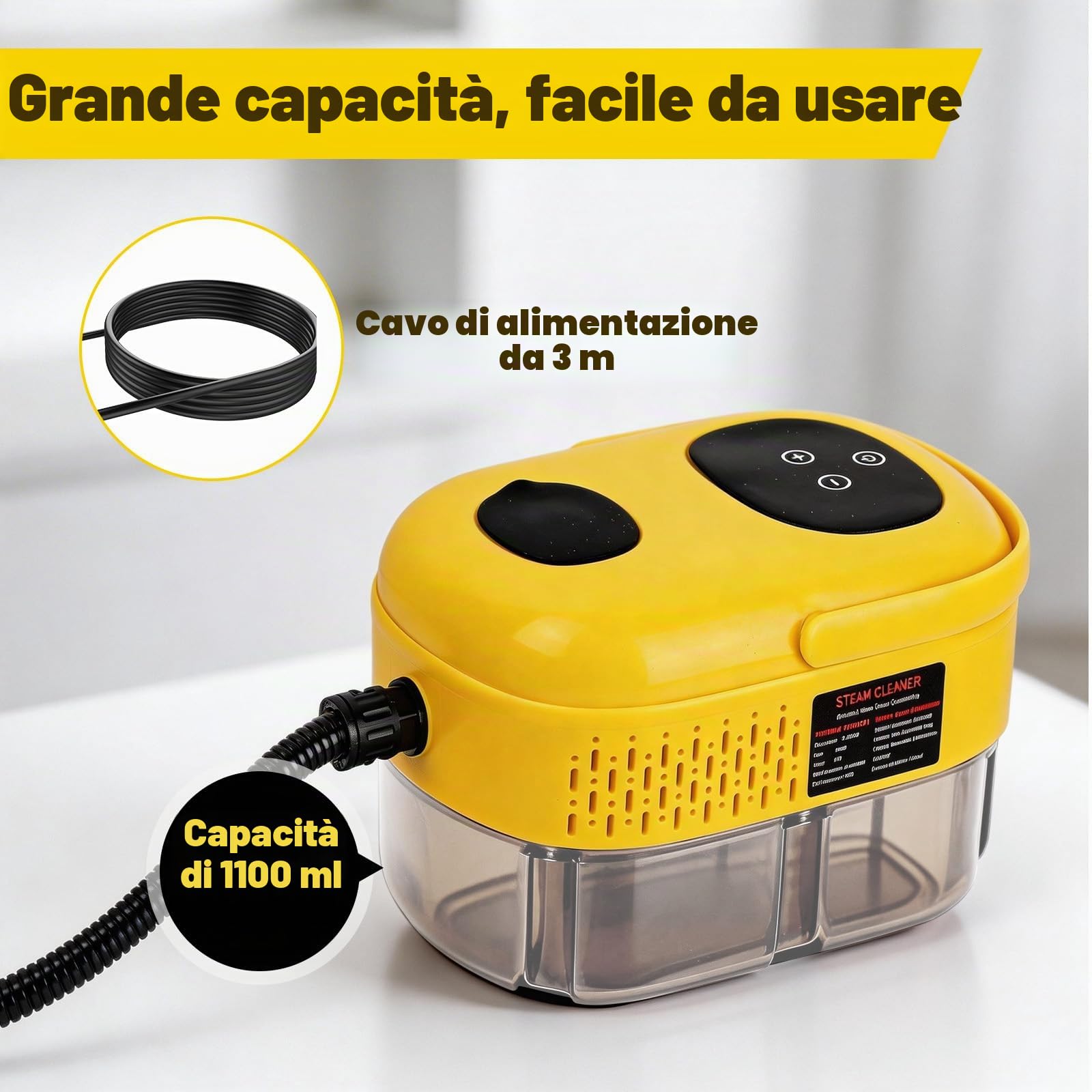 Pulitore a Vapore Portatile 2500W,3 Bar,Serbatoio 1100ml | Pulitore Vapore Casa con 6 Livelli di Temperatura,12 Accessori,Multiuso per Cucina Bagno Divani Auto