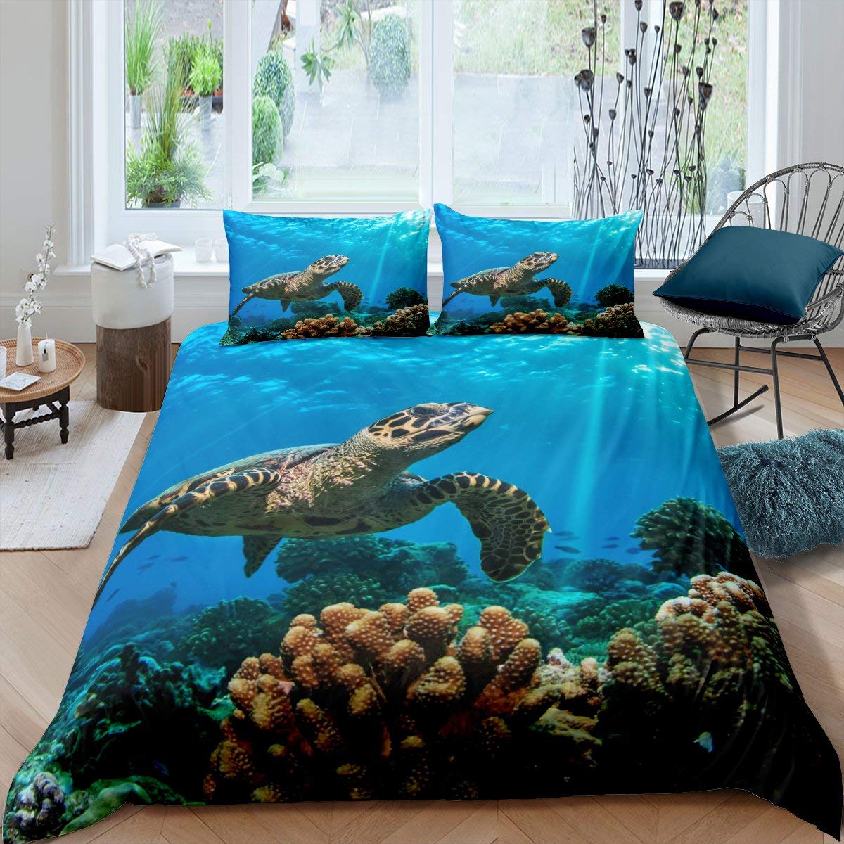 Set di biancheria da letto per bambini, ragazzi e ragazze, motivo tartaruga marina, con motivo di animali marini, barriera corallina, alghe, tropicale, hawaii, spiaggia, oceano