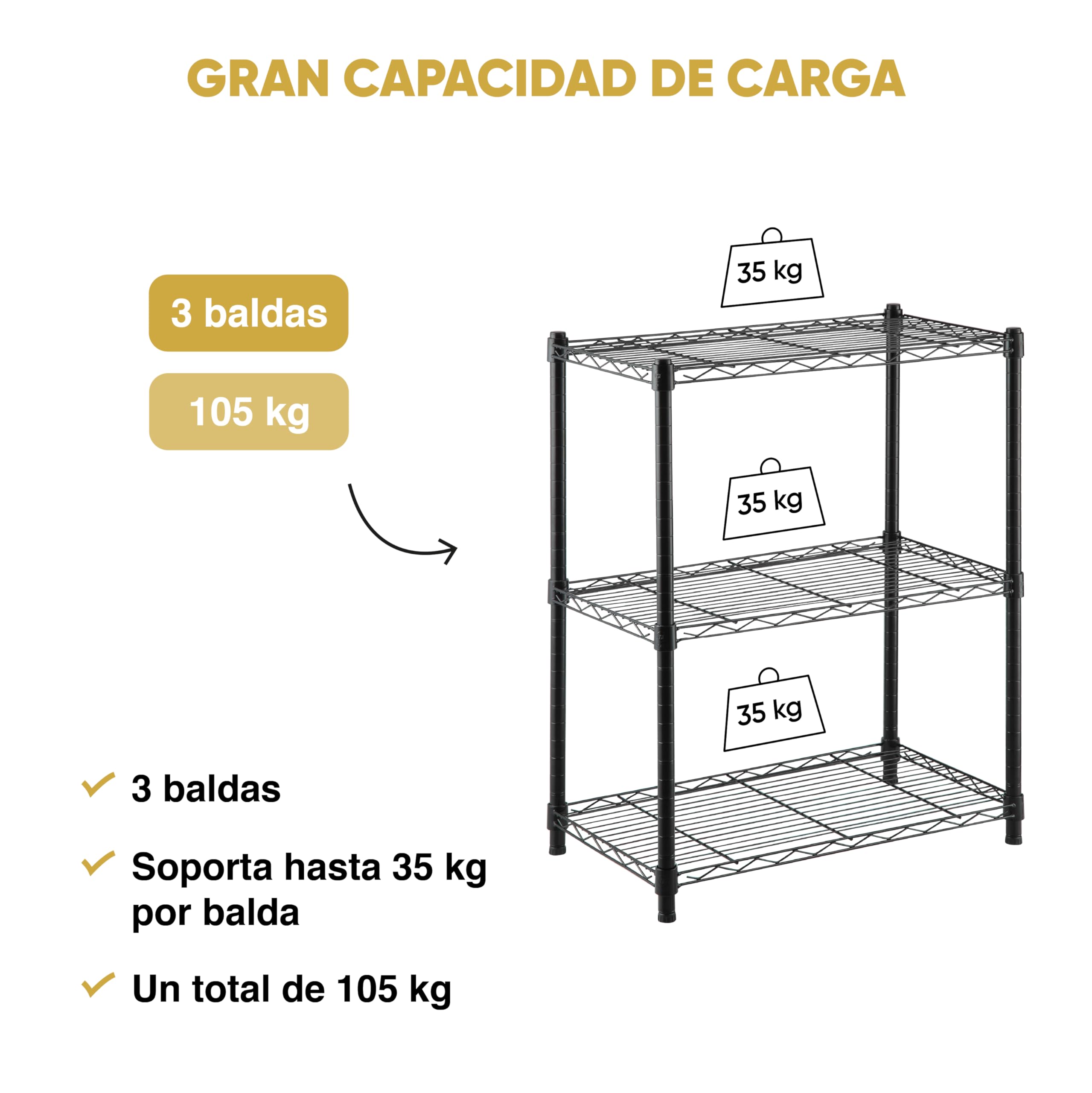 KitHome KG KITGARDEN Estantería Metálica Decorativa de Acero en Negro y 3 Baldas, 75x60x35cm