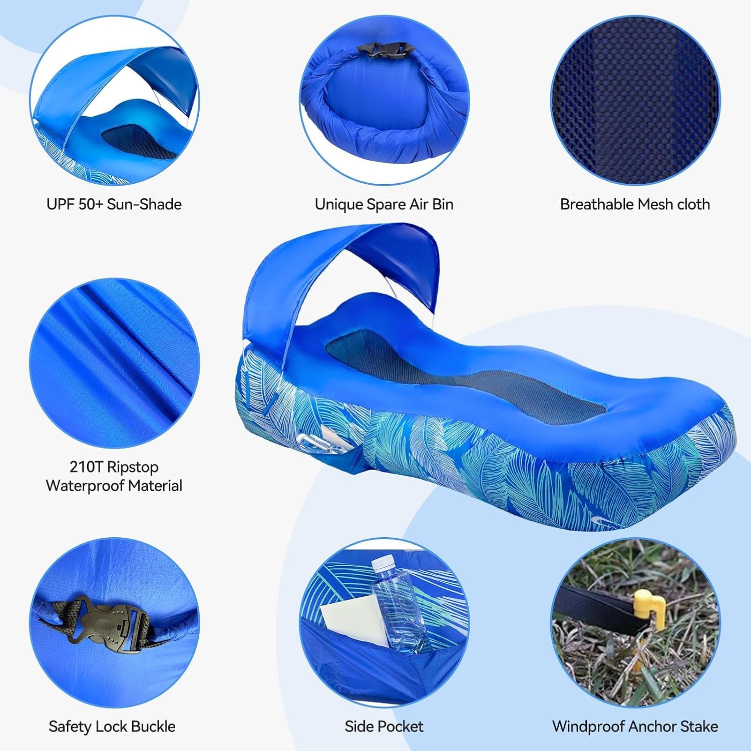 Inflatable Lounger Air Sofa with Sun Shade Cover Waterproof Couch for Outdoor Activities