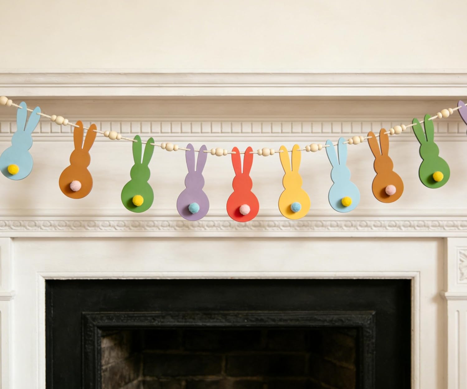 FESTGLOX Easter Decorations Garlands, Colored Bunny Easter Garland with Wooden Beads, Rustic Rabbit Banner Easter Decorations for Mantle, Easter Party Supplies, Spring Decor