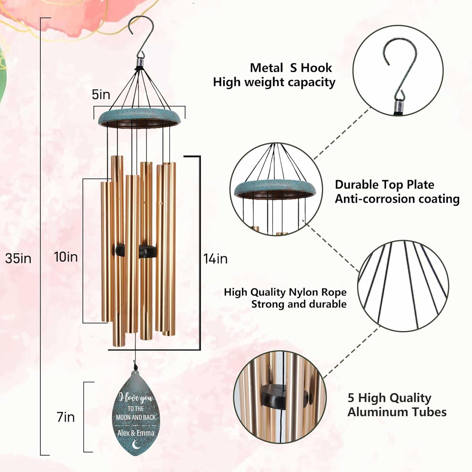 ASTARIN Personalized 20th 50th Anniversary Wind Chime, Happy Anniversary Wedding Valentine's Day Gift for Wife Husband Men Women Sister, Golden Anni Keepsake Decorations for Parents Couples