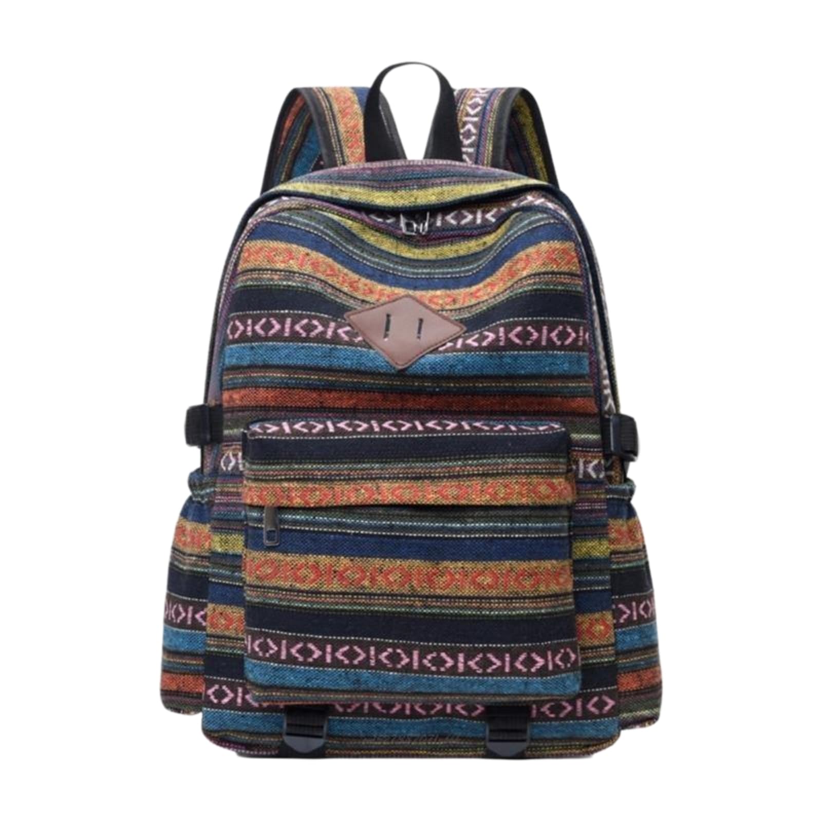 Zaino da Viaggio Etnico Tessuto in Pelle Patch Tasca Anteriore Regolabile Cinturine Fibbia Laterale-Khaki