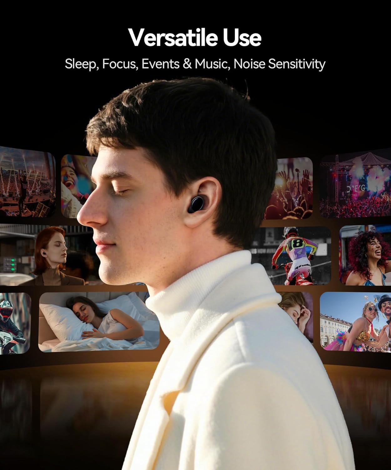 Person wearing earplugs in various scenarios like sleeping, attending a concert, and studying.