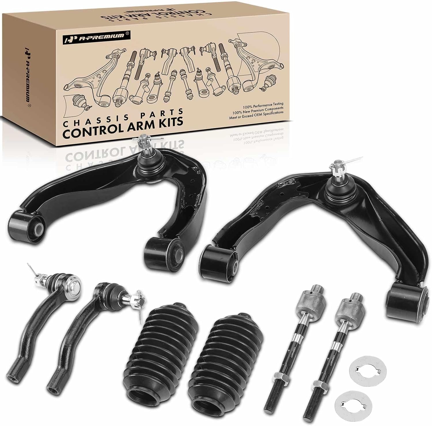 A-Premium Set of 8, Front Upper Control Arm, Inner & Outer Tie Rod End, Rack Boot Kit, Compatible with Nissan Frontier 2005-2019, Pathfinder 2005-2012, Xterra 2005-2015