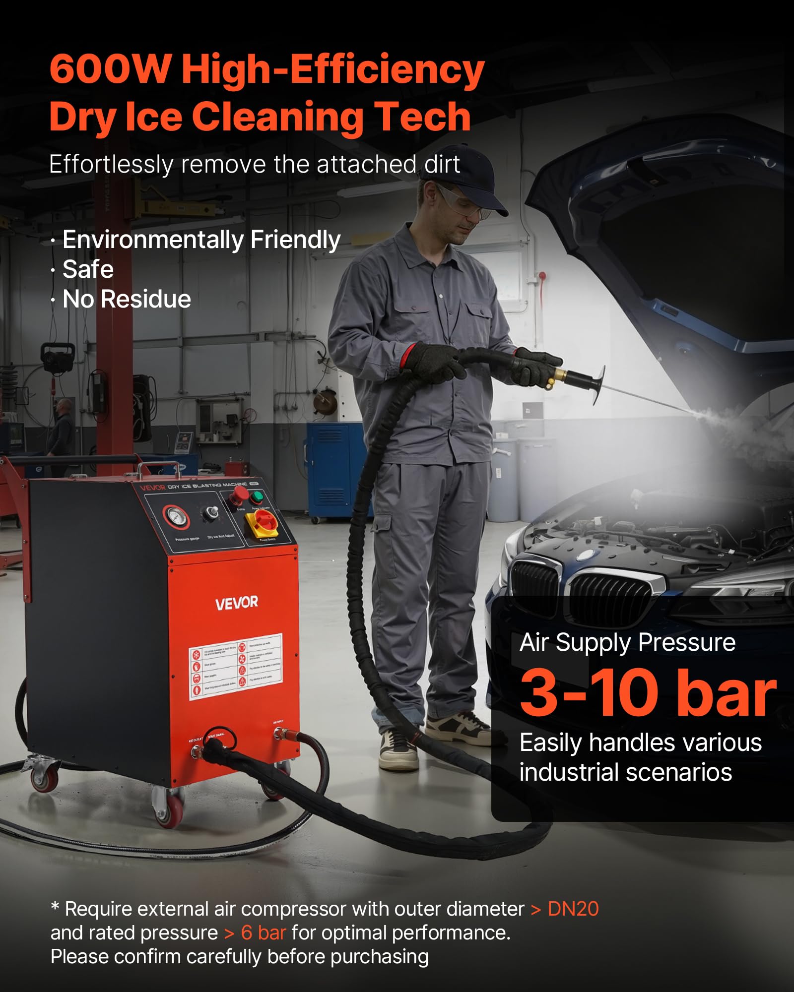 VEVOR Máquina de Limpieza con Hielo Seco, Capacidad de 7,5 kg, con 4 Boquillas, Presión y Cantidad de Hielo Seco Ajustables, para Aplicaciones Automotrices, Navales, de Aviación y Químicas, Negro