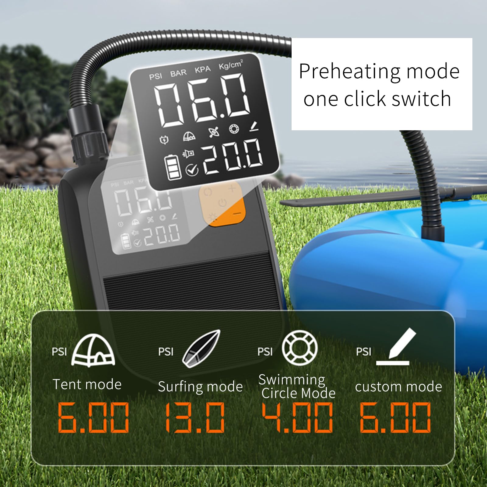 Rechargeable Electric Paddle Board Pump, 25PSI with LED Flashlight, 8000mAh Battery & 12V Car Adapter, Portable Air Pump for Quick Inflation of Paddle Boards, Kayaks, and Tents