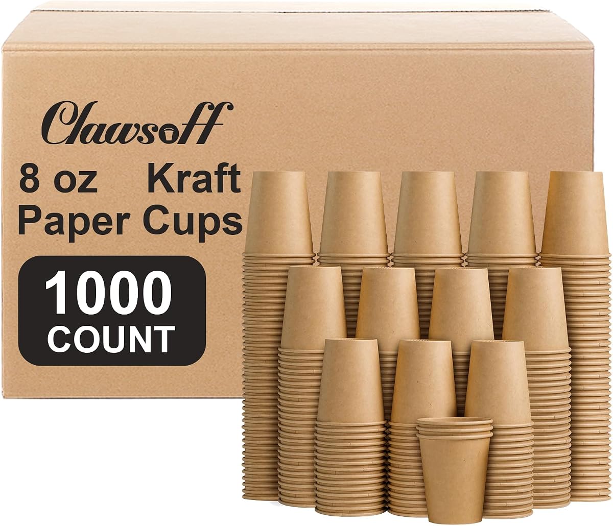 Clawsoff 1000 Pack 8 oz Paper Cups Brown Kraft Disposable Paper Coffee Cups | Hot or Cold Beverage, Thickened Durable, Brown Kraft Design, Unbleached Cups, Leak Proof, Food Safe, for Party