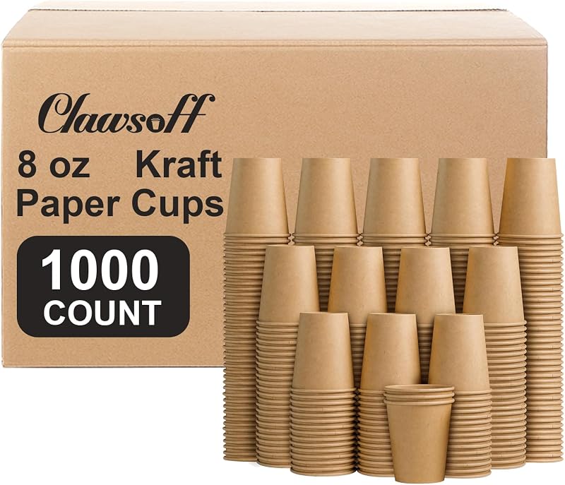 Clawsoff 1000 Pack 8 oz Paper Cups Brown Kraft Disposable Paper Coffee Cups | Hot or Cold Beverage, Thickened Durable, Brown Kraft Design, Unbleached Cups, Leak Proof, Food Safe, for Party