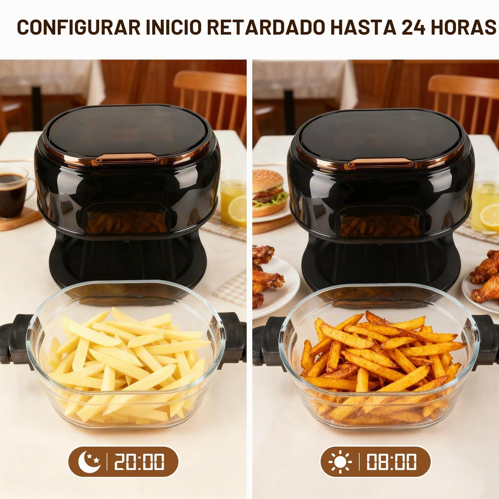 Freidora de aire 5L Airfryer, 9 en 1 con cesta de vidrio y pantalla LED | Con ventana de visualización, temporizador 24 h y cocción saludable con menos aceite, ideal para toda la familia