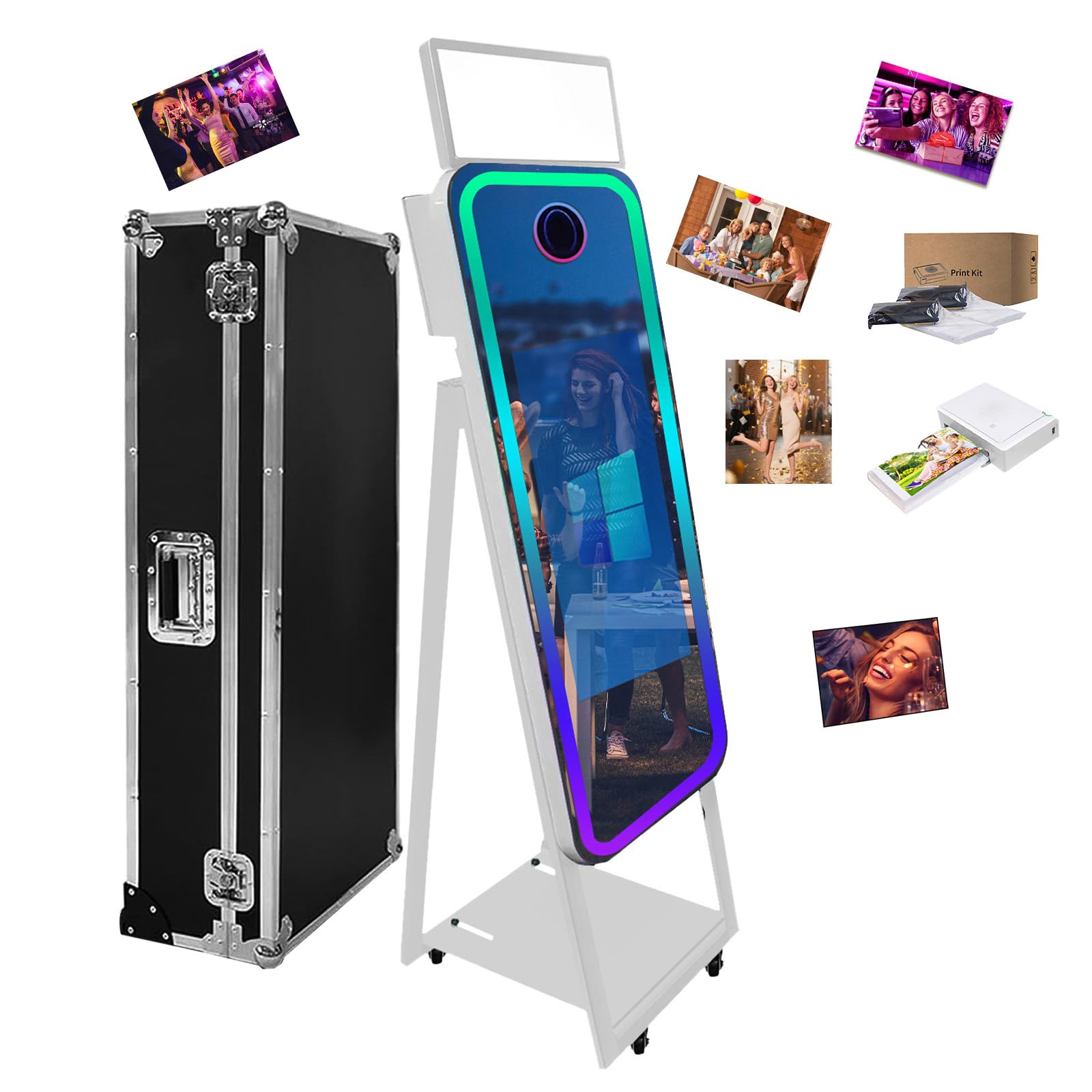 Portable Camera Mirror Photo Booth 40in with Touch Screen DSLR Photo Booth with Flight Case,RGB Light for Wedding Rental Business Parties (White, 40 inch+Mini Printer)