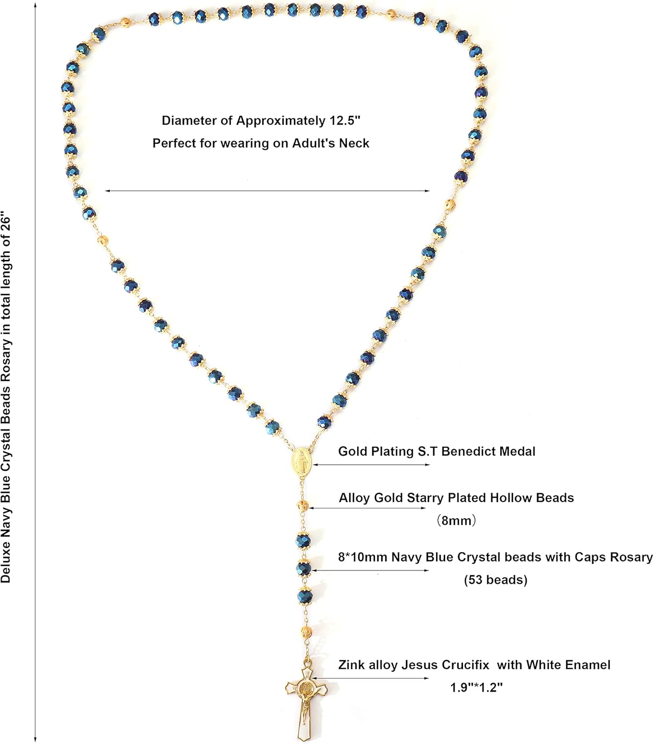 Nazareth Store St. Benedict Deep Blue Crystal Beads Rosary Prayer Necklace Golden Miraculous Medal & Gold Enamel Cross - Image 6