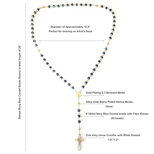 Vista 6 de Nazareth Store St.Benedict - Collar de rosario de cuentas azules profundas, cristal cristalizado, rosario católico, medalla milagrosa de oro, cruz