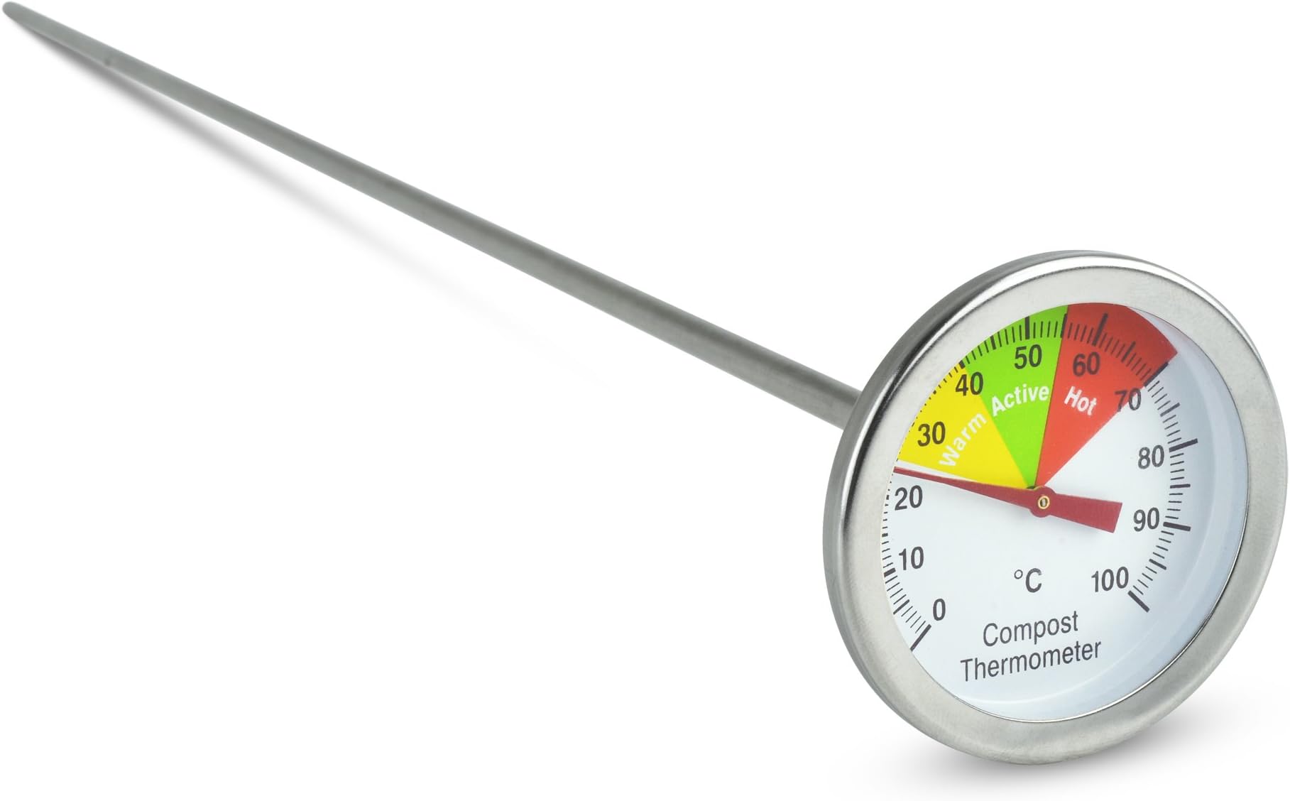 Compost Thermometer - Stainless Steel Probe - Colour Coded Temperature Guide - 50mm Dial and 500mm Stem - Home Gardening Tool