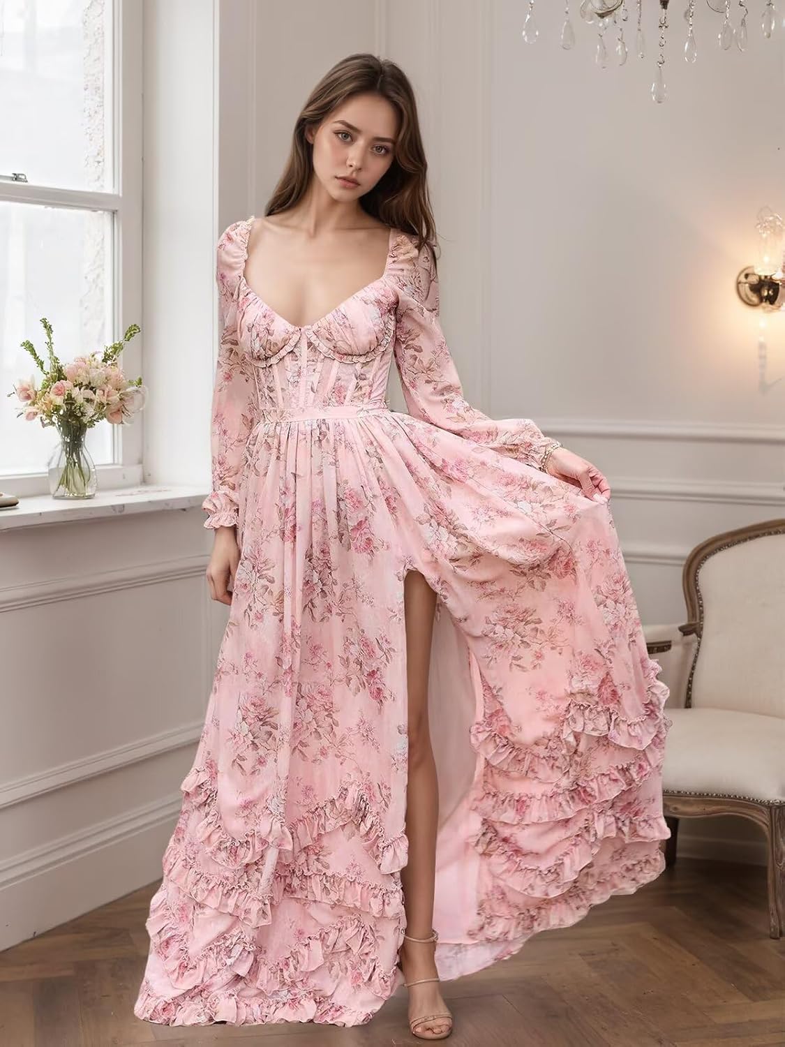 Women's Long Sleeve Bridesmaid Dresses for Wedding with Slit Ruffle Chiffon Formal Evening Party Dress - Image 5