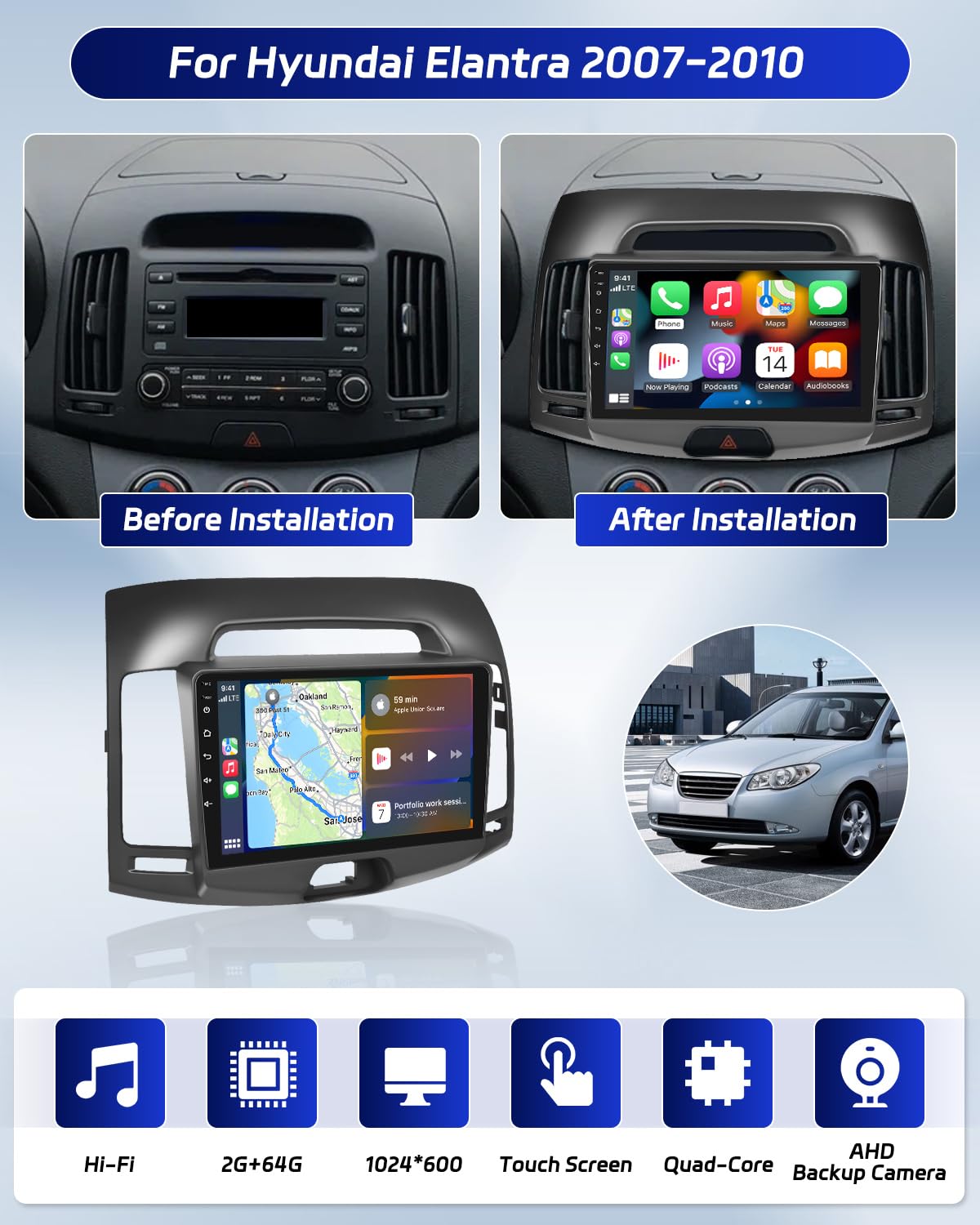 Roinvou 2+64G Android Radio Dash Kit for Hyundai Elantra 2007-2010, 9