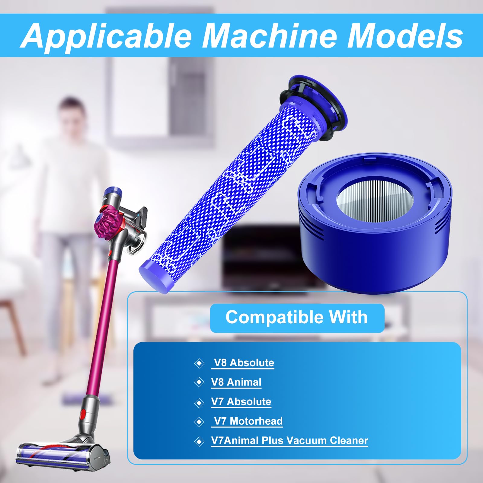 Vacuum Filter Replacement Parts Compatible with Dyson V7/V8 Animal, V8 Absolute & SV10 Cordless Vacuum Cleaners, Replaces Part # 965661-01 & 967478-01