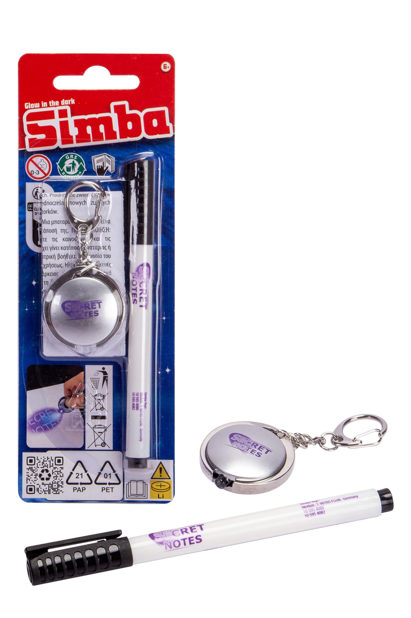Simba 105954080 - Secret Notes długopis i lampa UV, magiczne pismo widoczne za pomocą światła, od 6 lat
