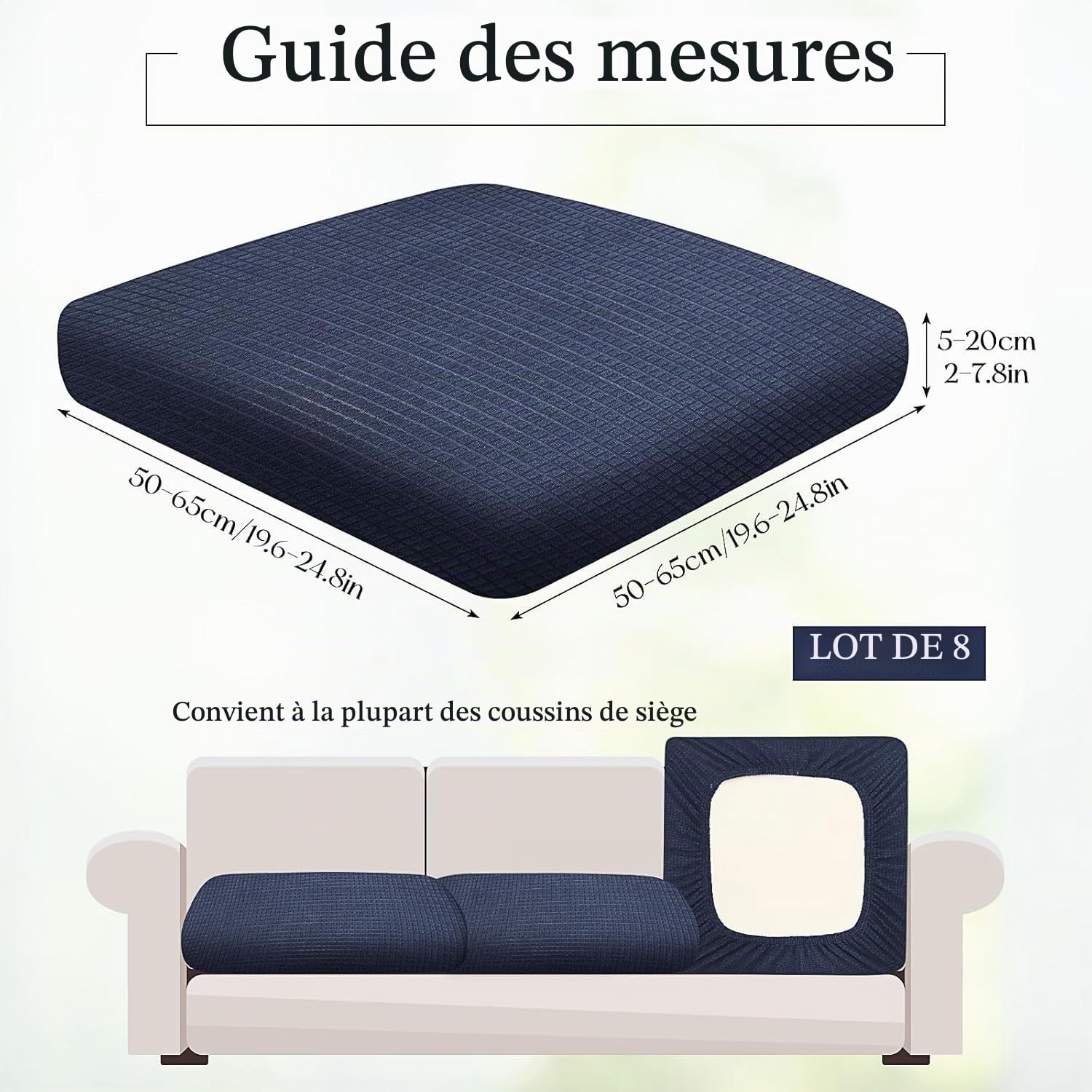 MALLOOM Lot de 8 Housses Extensibles imperméables pour Coussins d’extérieur – Housses de Rechange lavables pour canapé de Jardin ou d’intérieur (Bleu Marine, Housses Uniquement)