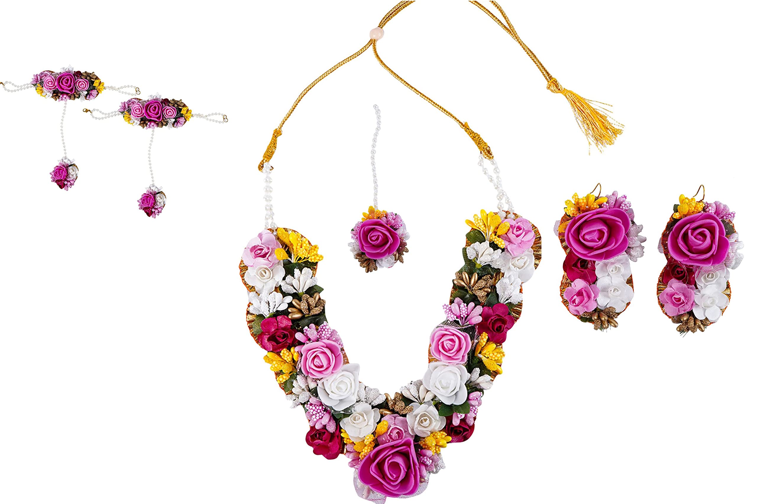 IJYA Sihan Handicrafts Pink Gota Patti Flower Floral Set For Haldi Baby Shower Mehndi Godbharai Jewellery Set for Women Girls (Mehandi/Haldi Bridal) Set For Bride.
