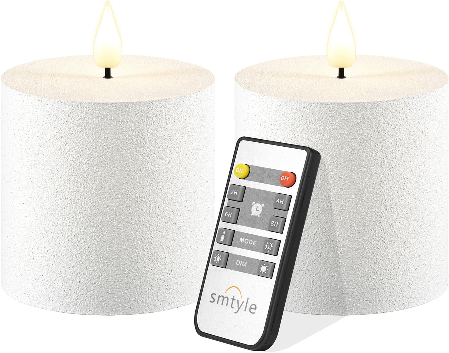 smtyle Vintage White Flickering Flameless Plastic Pillar Candles 3"x3" Set of 2 Battery Operated with Timer Electric Wedding LED Candles for Tables Bathroom Decor