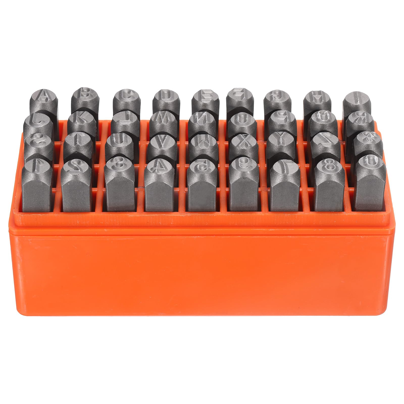 HARFINGTON Juego de 36 piezas de estampación de metal de 8 mm, juego de punzones de letras y números en mayúsculas de acero (A-Z / 0-8 / "&" símbolo) herramienta de prensa de perforación con funda