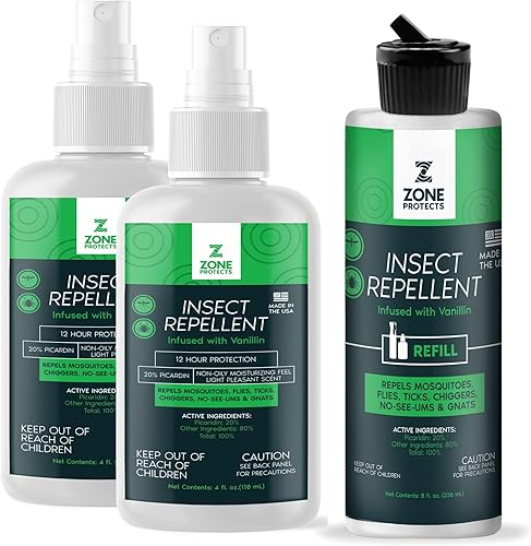 Zone Protege el repelente de insectos picaridina, paquete de 2 + recambio, sin DEET, protección de 12 horas, perfumado con vainillina, repele