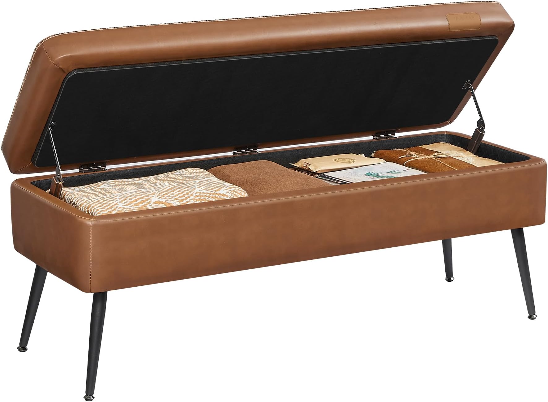 VASAGLE EKHO Collection - Storage Ottoman Bench, Entryway Bedroom Bench, 15 Gallons, Synthetic Leather with Stitching, Mid-Century Modern, Safety Hinges, Loads 660 lb, Caramel Brown ULOM074K01