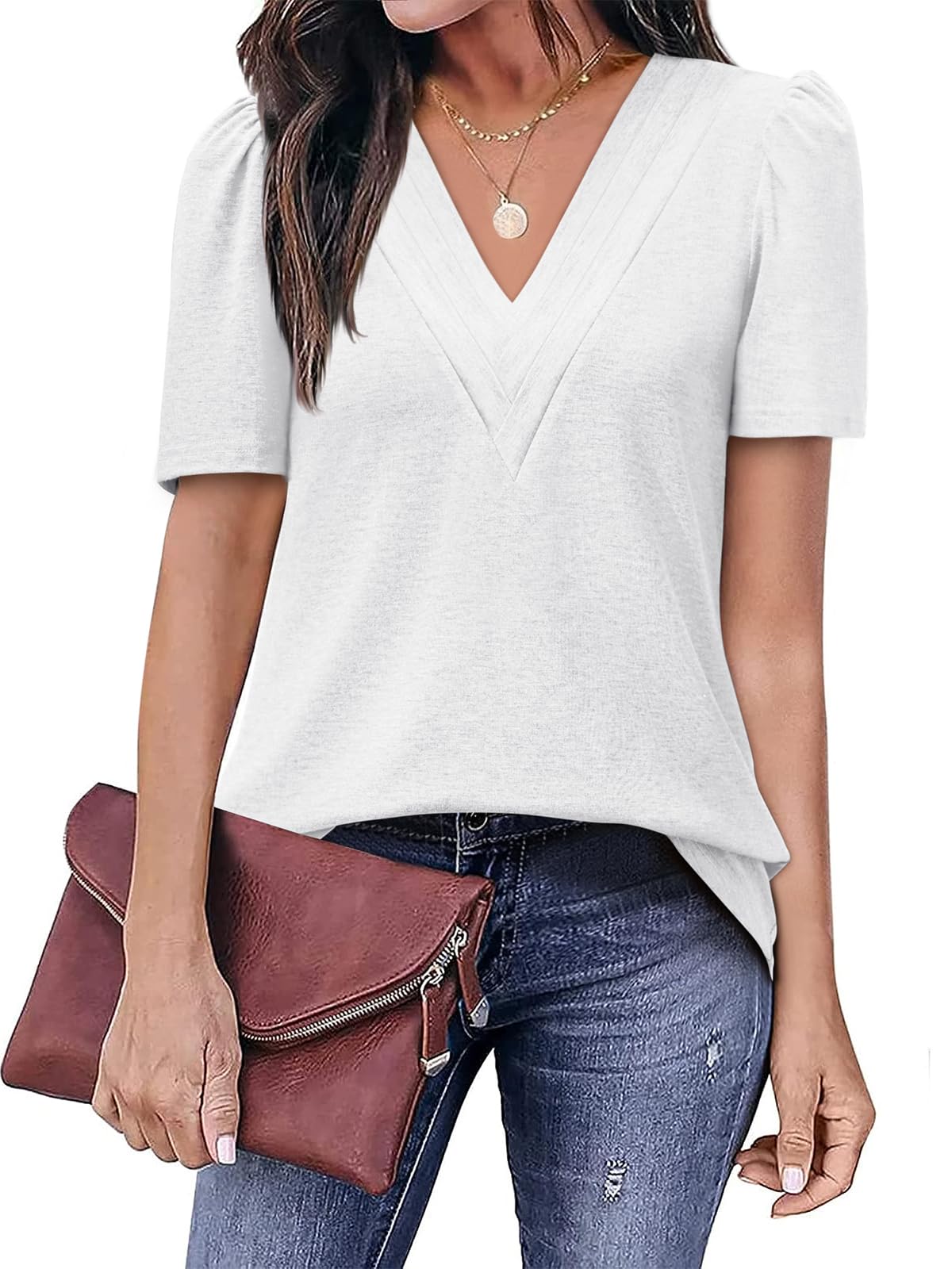 BZBWomens Tops Summer Trendy V Neck Short Sleeve Tunic Shirts Dressy Casual Pleated Loose Fit Blouses S-2XL