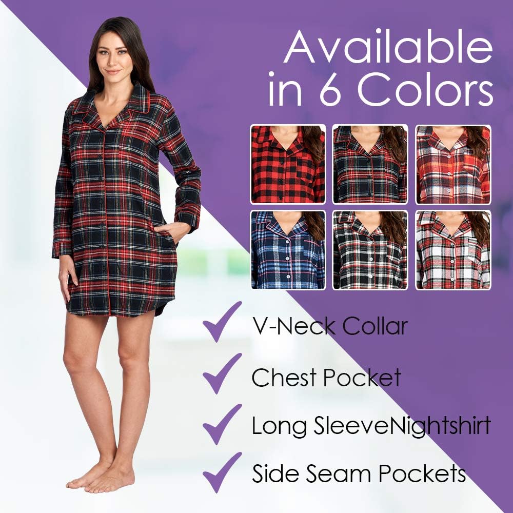 Ashford & Brooks Women's Flannel Plaid Sleep Shirt Button Down Nightgown - Image 5