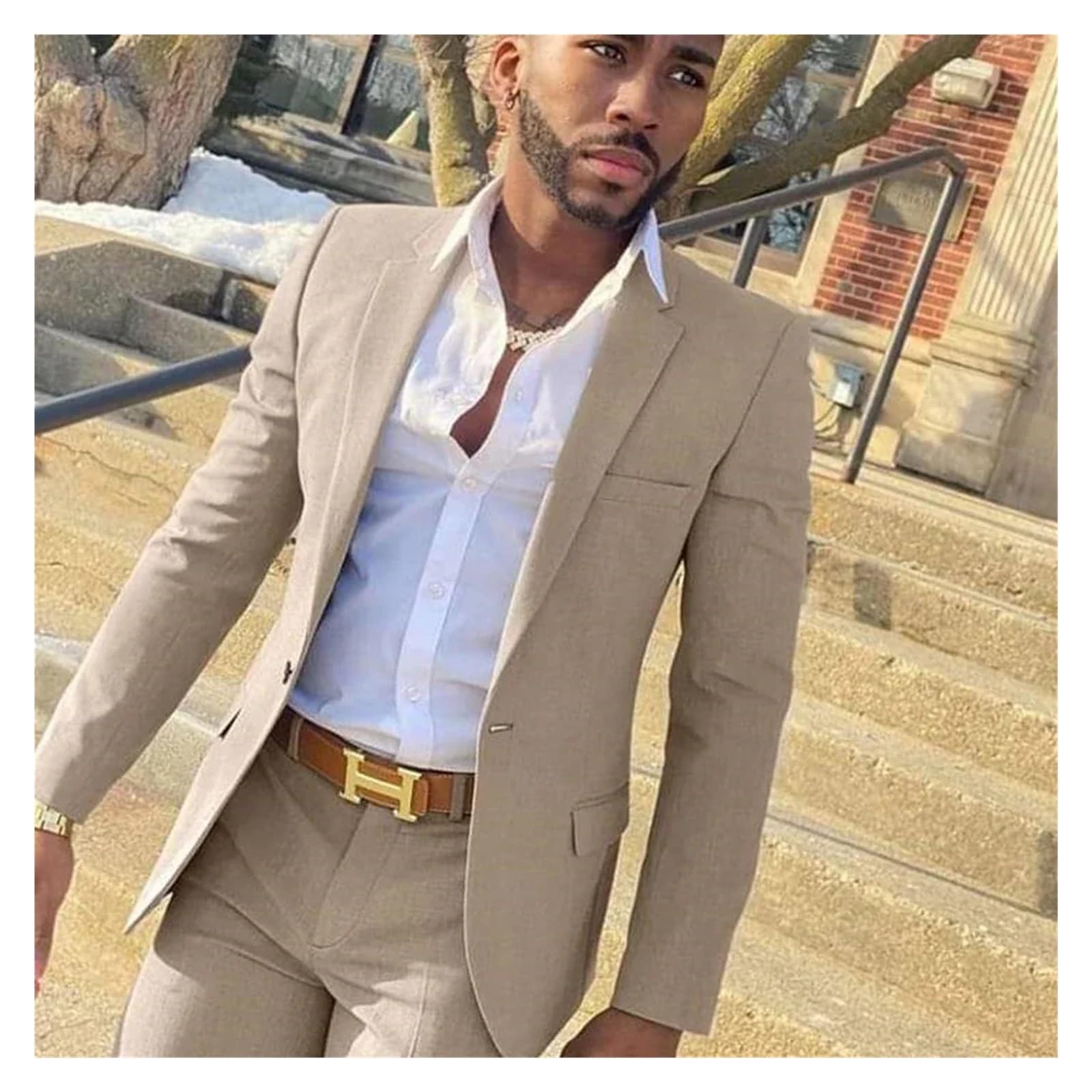 Traje Beige de 2 Piezas, Trajes de Caballero Ajustados for Hombre, Esmoquin for Novio de Boda, Chaqueta Masculina con Pantalones(S)