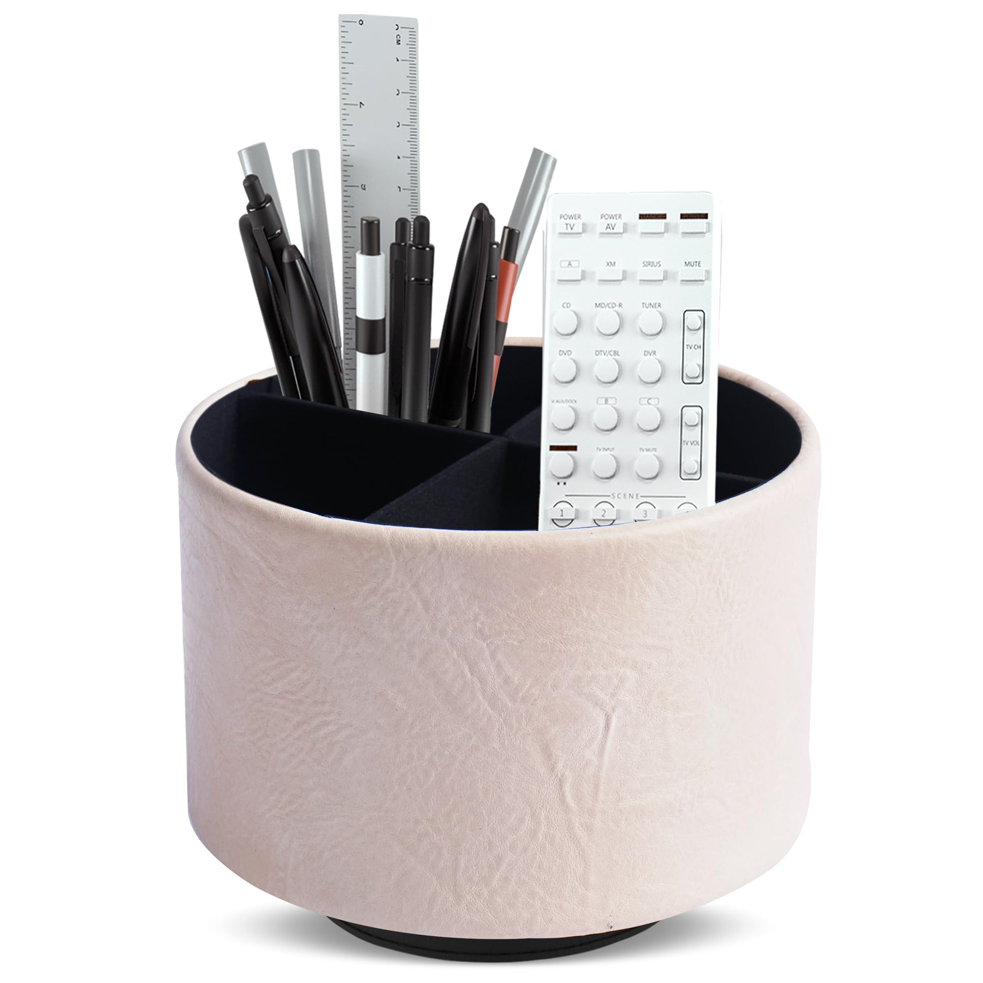 Mtzmy Round Leather Art Supply Organizer,Remote Control Holder,360 Degree Spinning,Multi-Functional Pencil Holder,4 Compartments Desktop Stationary Organizer(1-Crazy White)