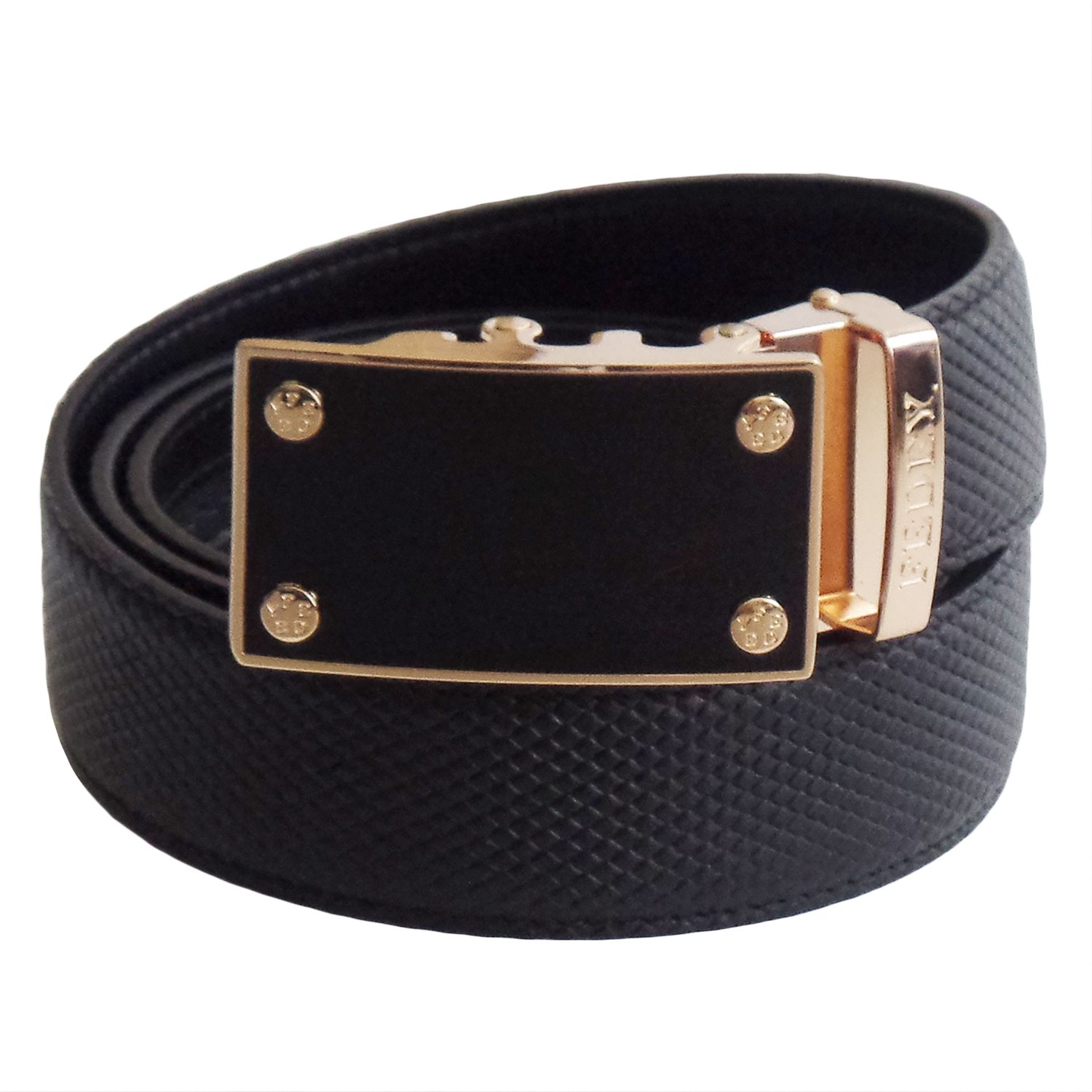 FEDEY Mens Ratchet Belt, Leather, Classic Series, Custom Fit for Waist 26 to 54 inches, BLANK CANVAS - Black/Gold, Large
