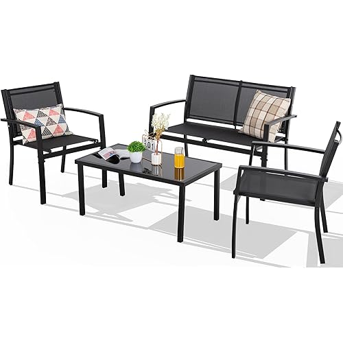 Shintenchi 4 Pieces Patio Furniture Set All Weather Textile Fabric Outdoor Conversation Set, with Glass Coffee Table, Loveseat, 2 Single Chairs for Home, Garden, Lawn, Porch（Black）