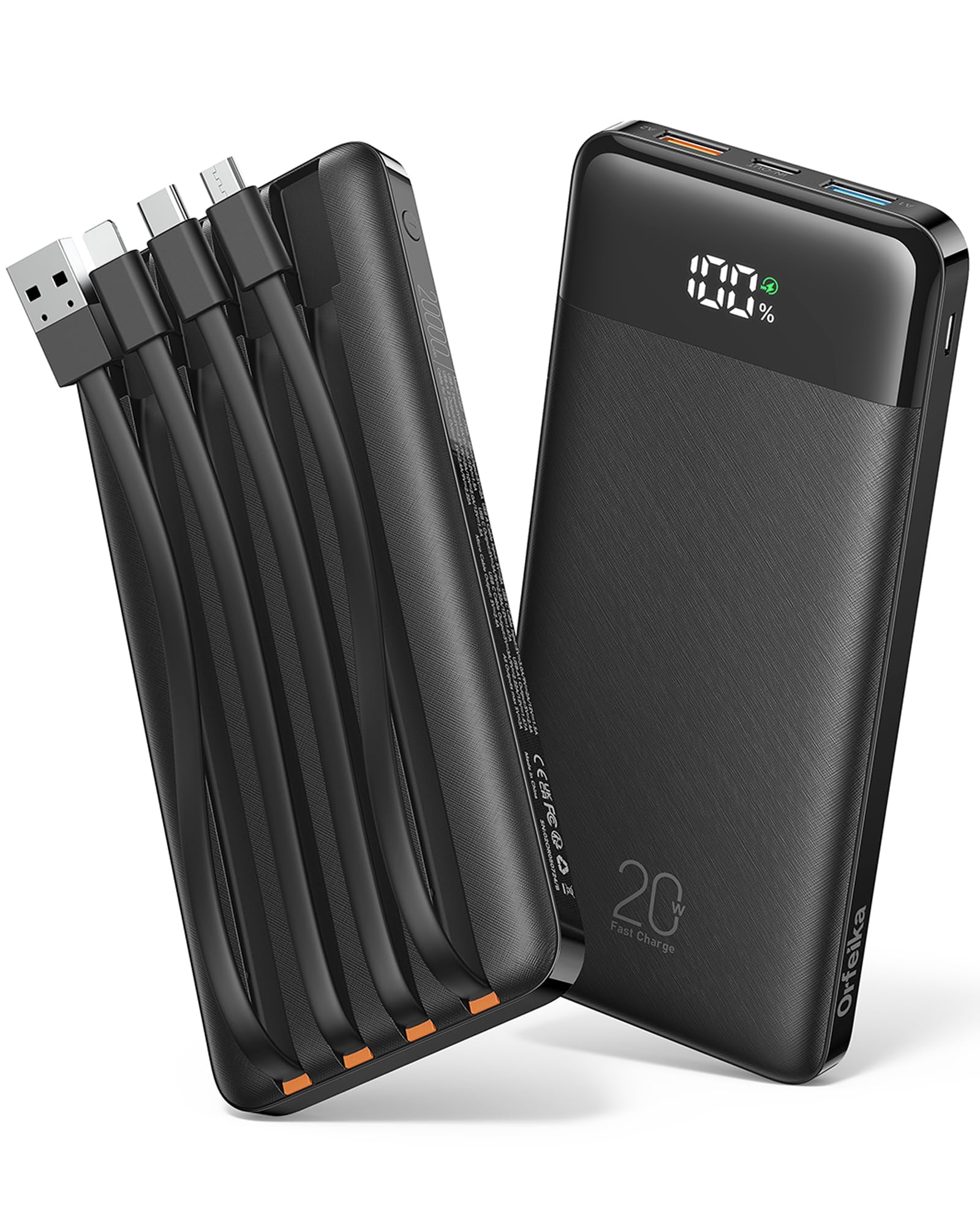 Orfeika 20000mAh Powerbank mit 4 Integrierten Kabeln, 20W PD-Schnellladung Power Bank, Externer Akku mit LED-Display, Akkupack für iPhone 17/16/15, Galaxy, iPad, Android & Mehr